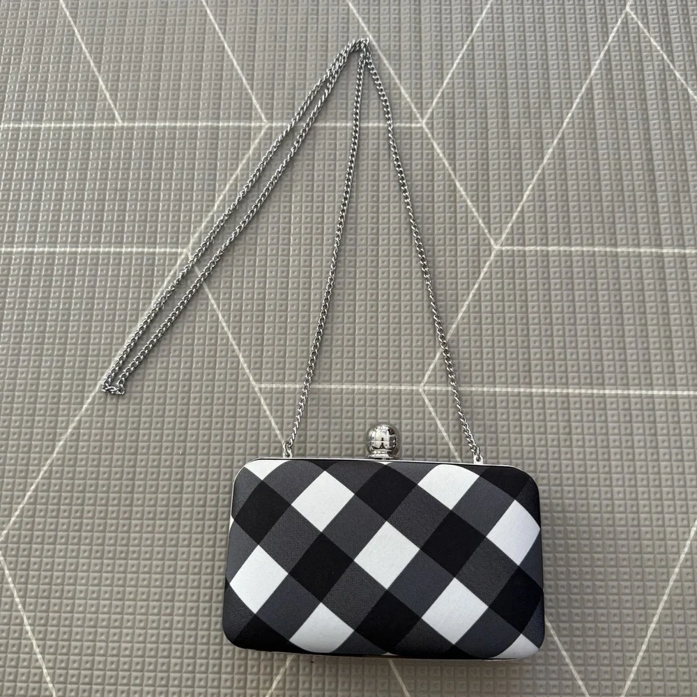 Talbots Buffalo Plaid Black/White Purse Evening Bag Clutch Metal‎ Chain
